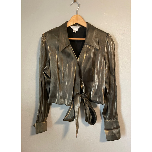 Vintage Conrad C Womens Top 10 Petite Green Shimmer Cropped Tie Front Rave 90s - Picture 1 of 7